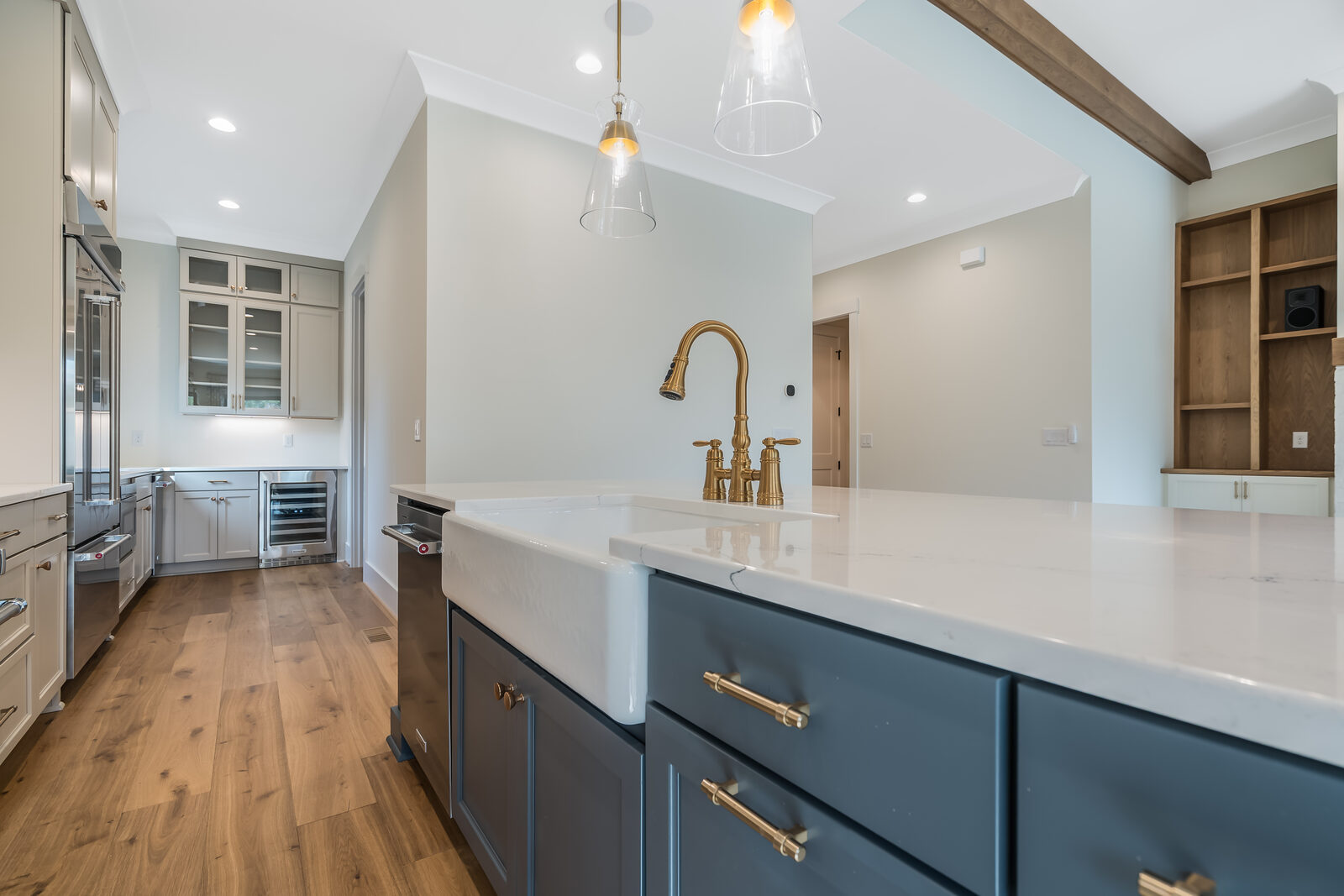 Navy kitchen island in a Gemstone custom home in Apex